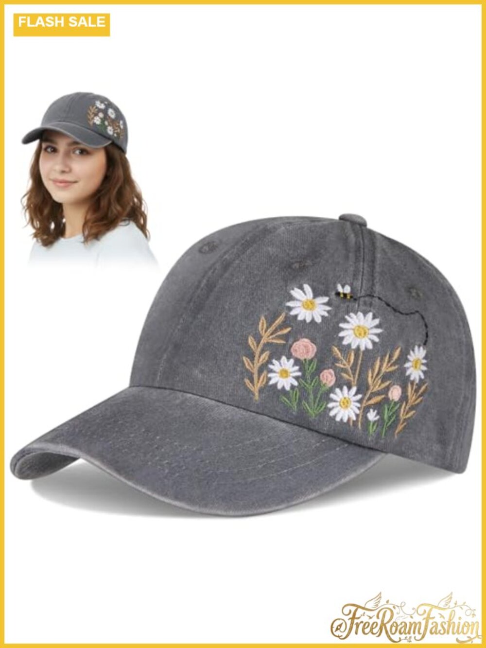 Daisy Embroidered Baseball Cap 100% Cotton Adjustable Women's Sun Hat